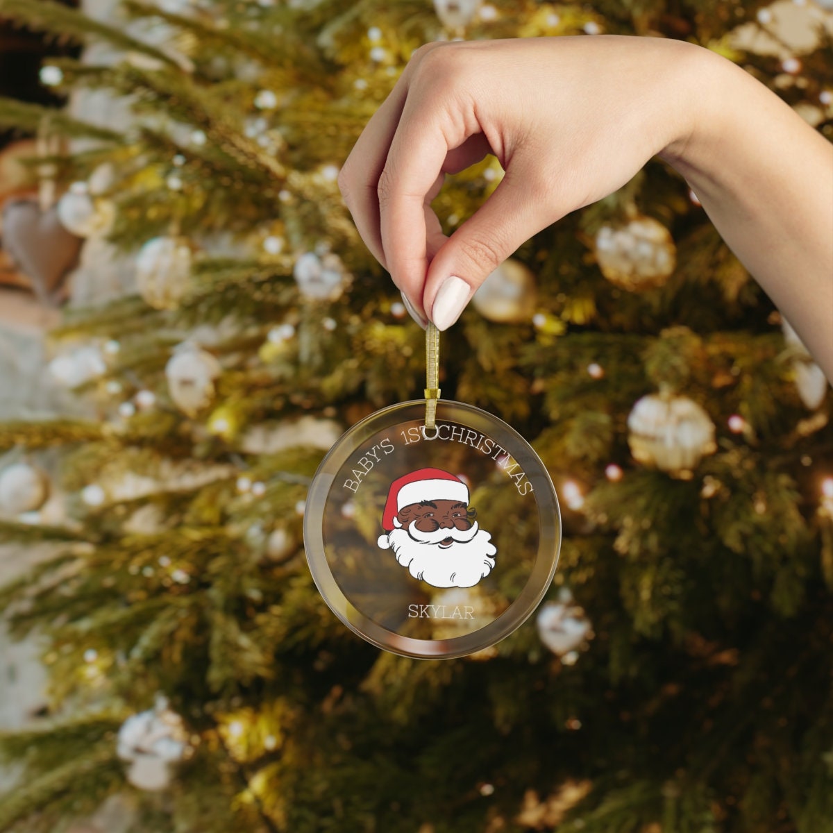 Black Santa Customized Glass Ornament, Baby first Christmas 2022 ornament, Baby Shower gift, African American Santa, Christmas ornament,
