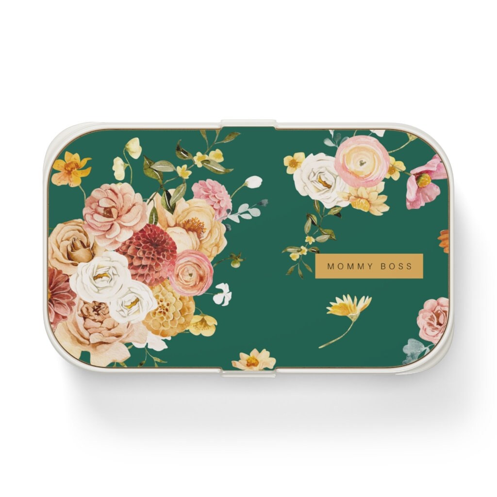 Floral Boho Bento lunch box for adult, Lunch Box, Kids bento box, bento box for adults, bento, snack box,  cute lunch box, boho, emerald