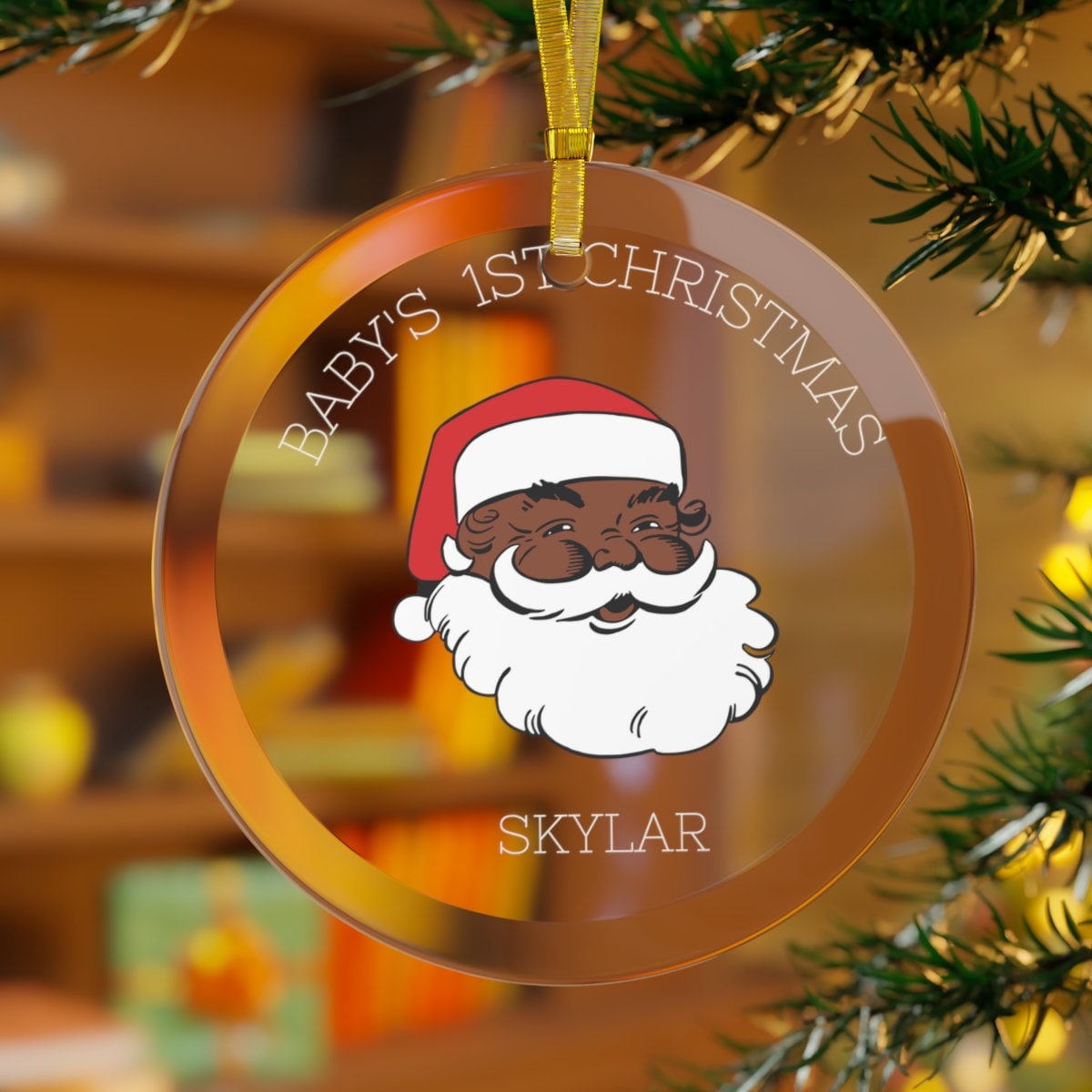 Black Santa Customized Glass Ornament, Baby first Christmas 2022 ornament, Baby Shower gift, African American Santa, Christmas ornament,